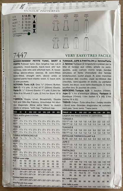 Vogue 7447 Womens Size 12-16 Petite Top Tunic Trousers FF