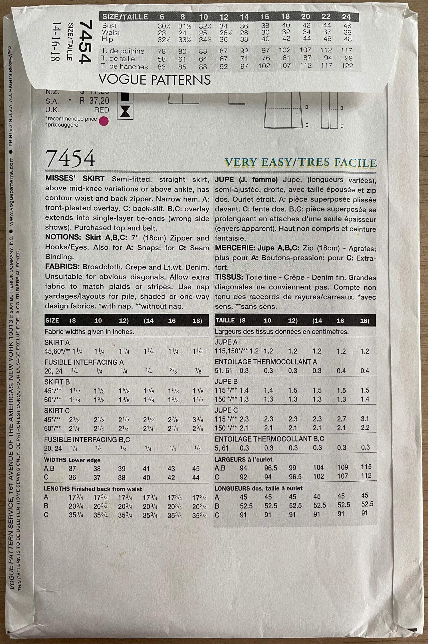 Vogue 7454 Womens Size 14-18 FF