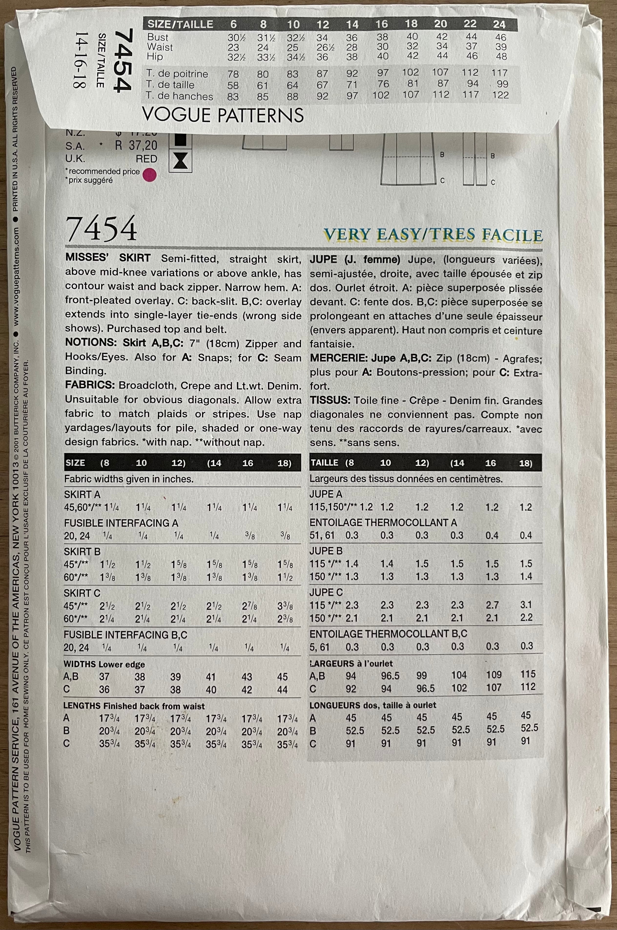 Vogue 7454 Womens Size 14-18 FF