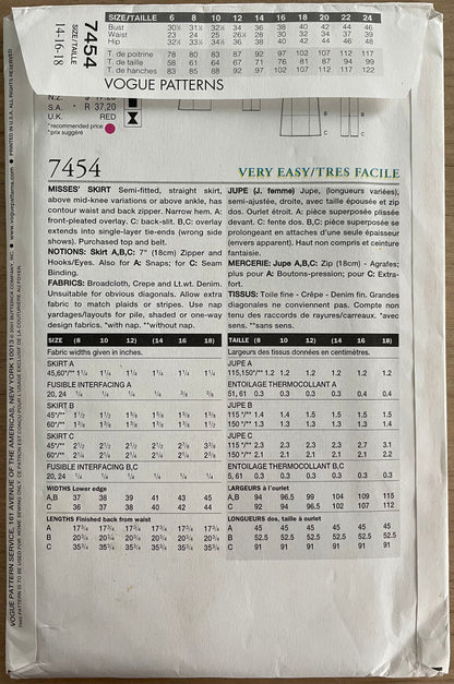 Vogue 7454 Womens Size 14-18 FF