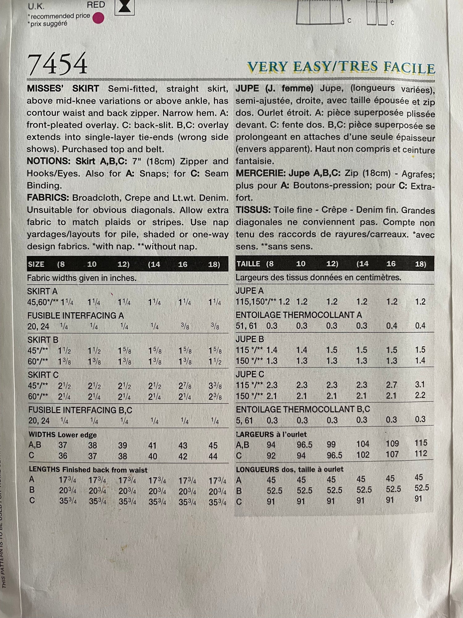 Vogue 7454 Womens Size 14-18 FF