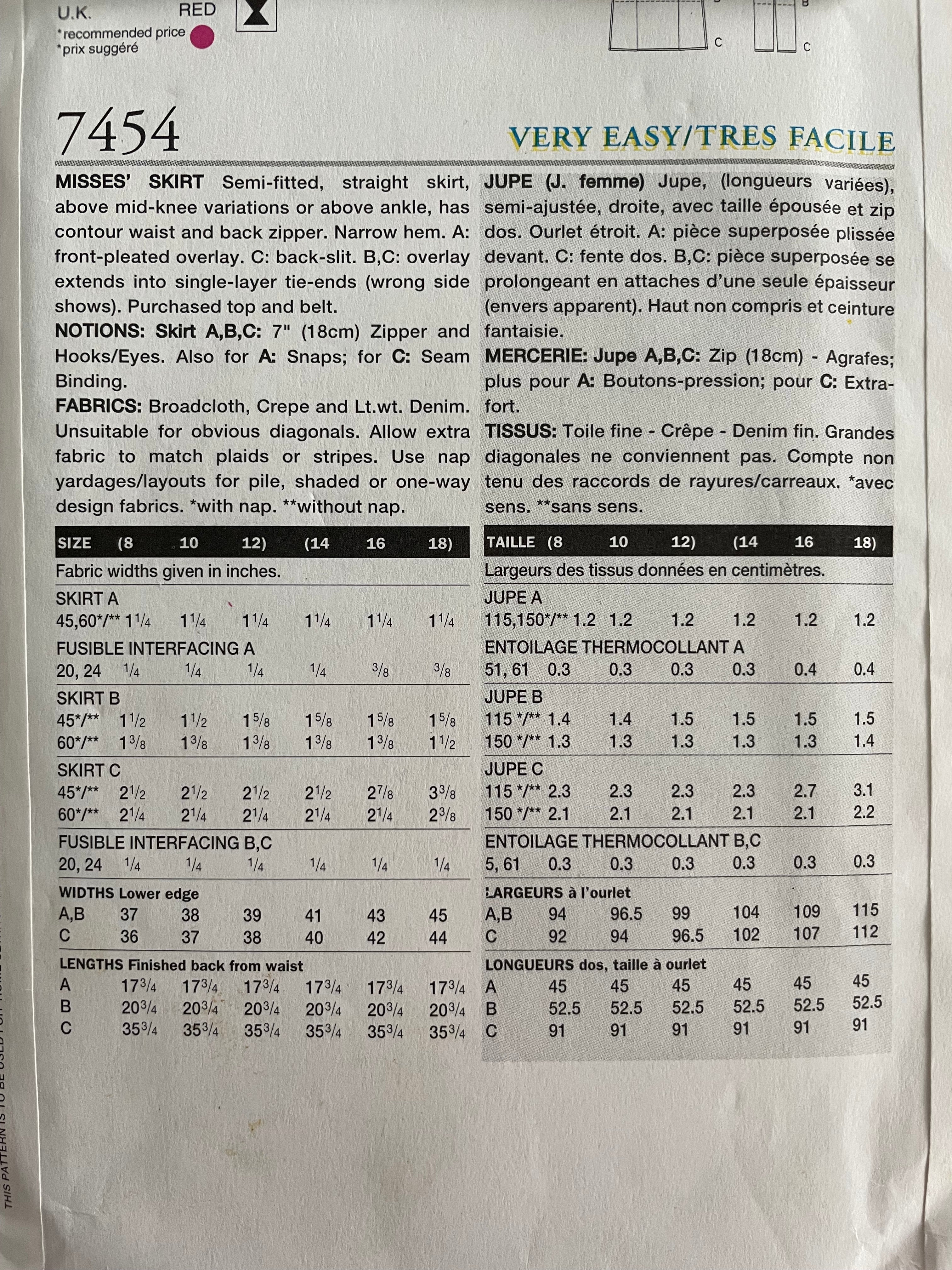 Vogue 7454 Womens Size 14-18 FF