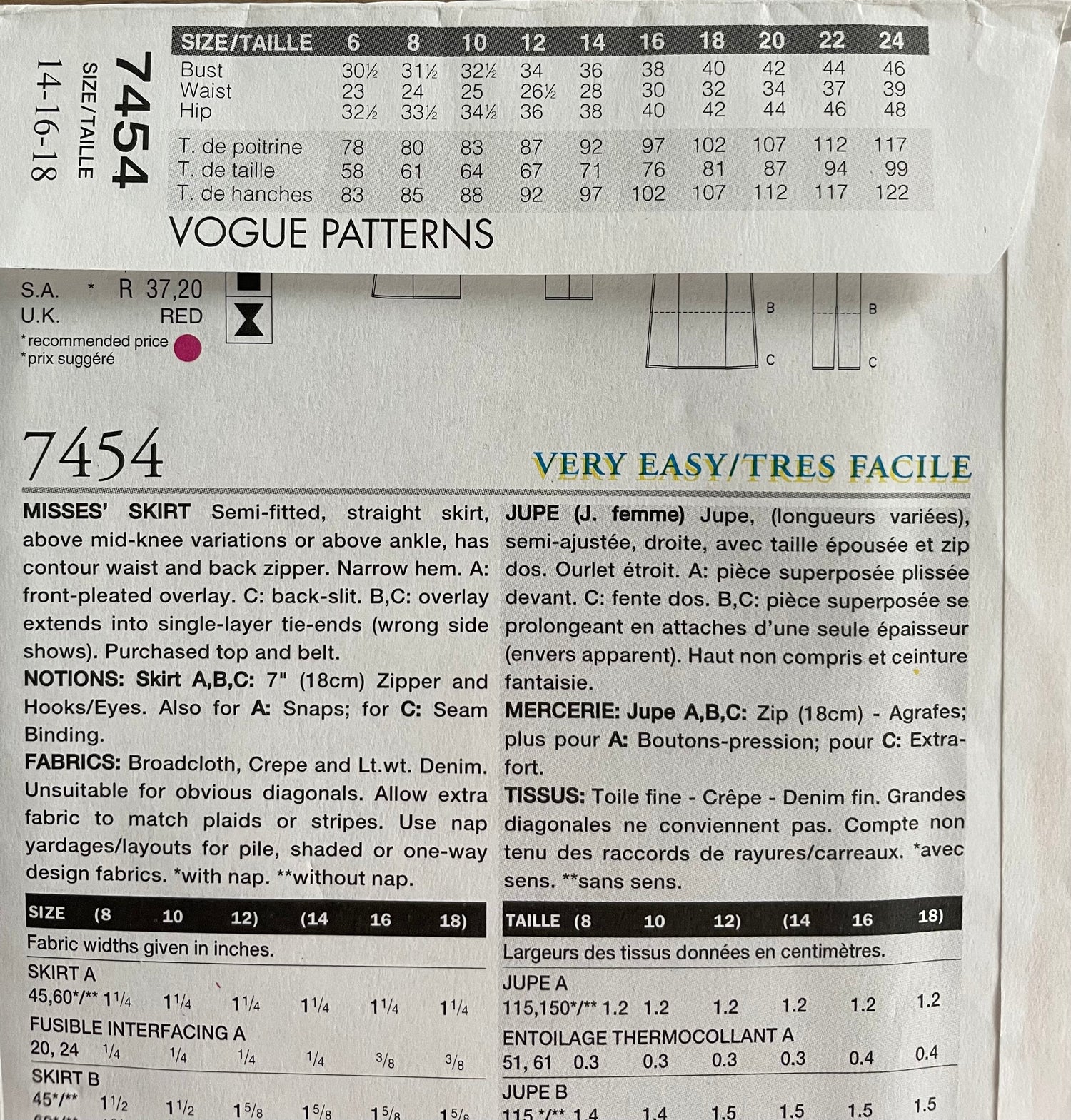 Vogue 7454 Womens Size 14-18 FF