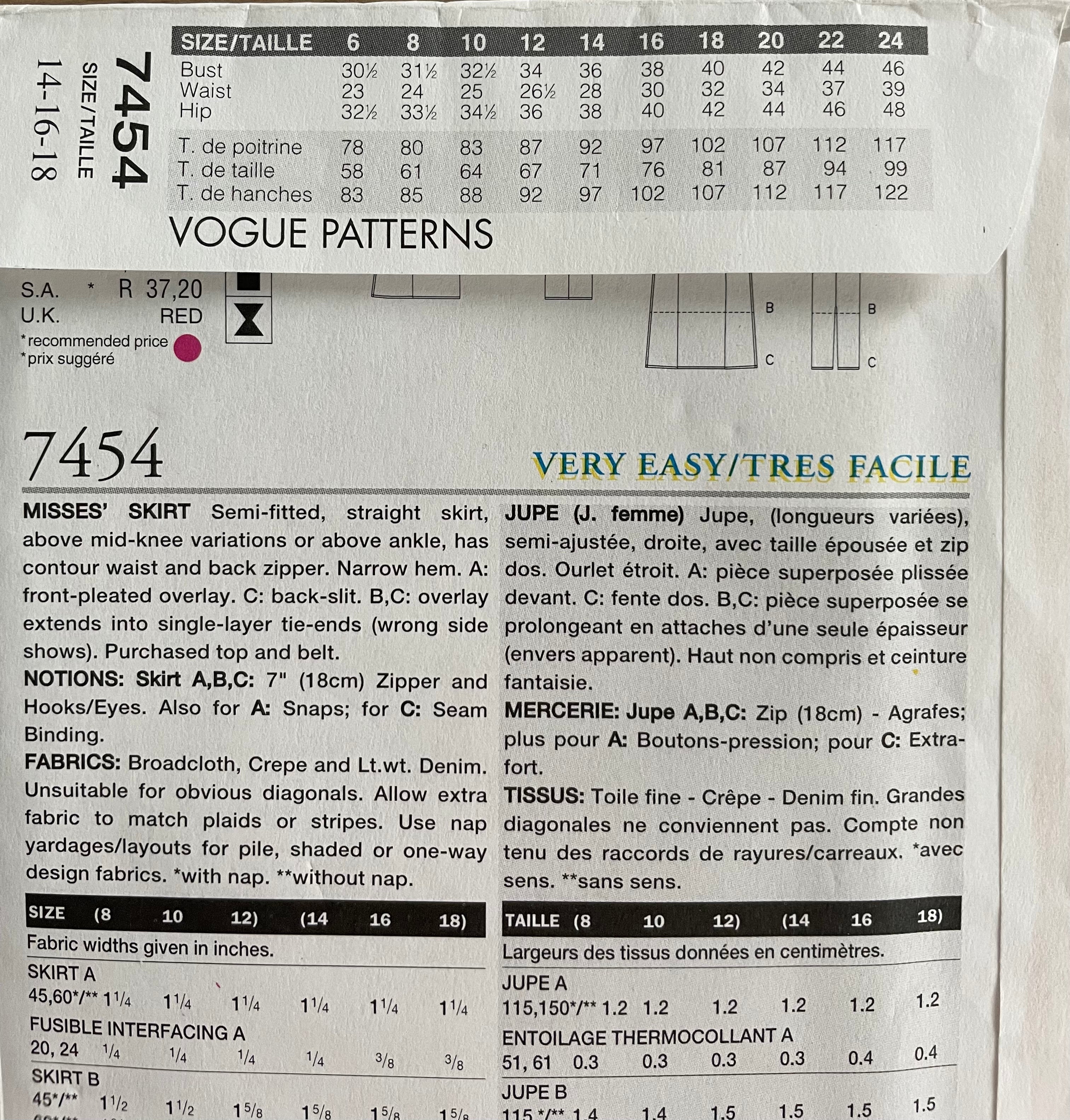 Vogue 7454 Womens Size 14-18 FF