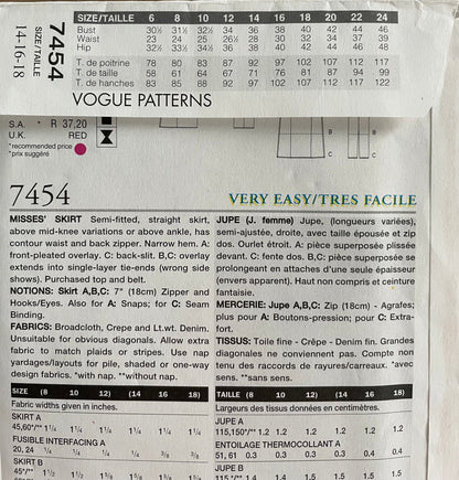 Vogue 7454 Womens Size 14-18 FF