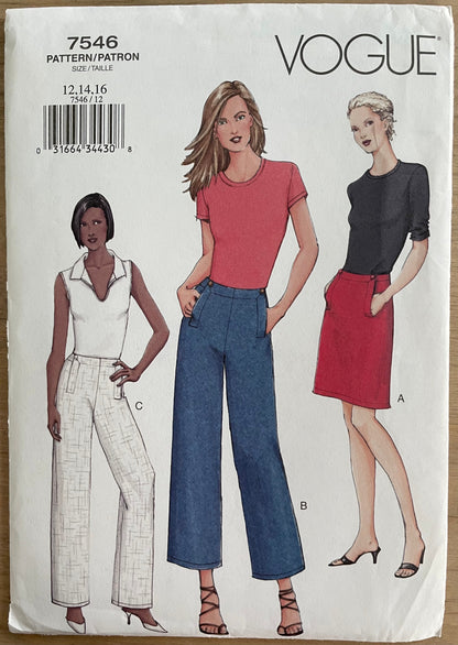 Vogue 7546 Womens Size 12-16 Trousers Skirt FF