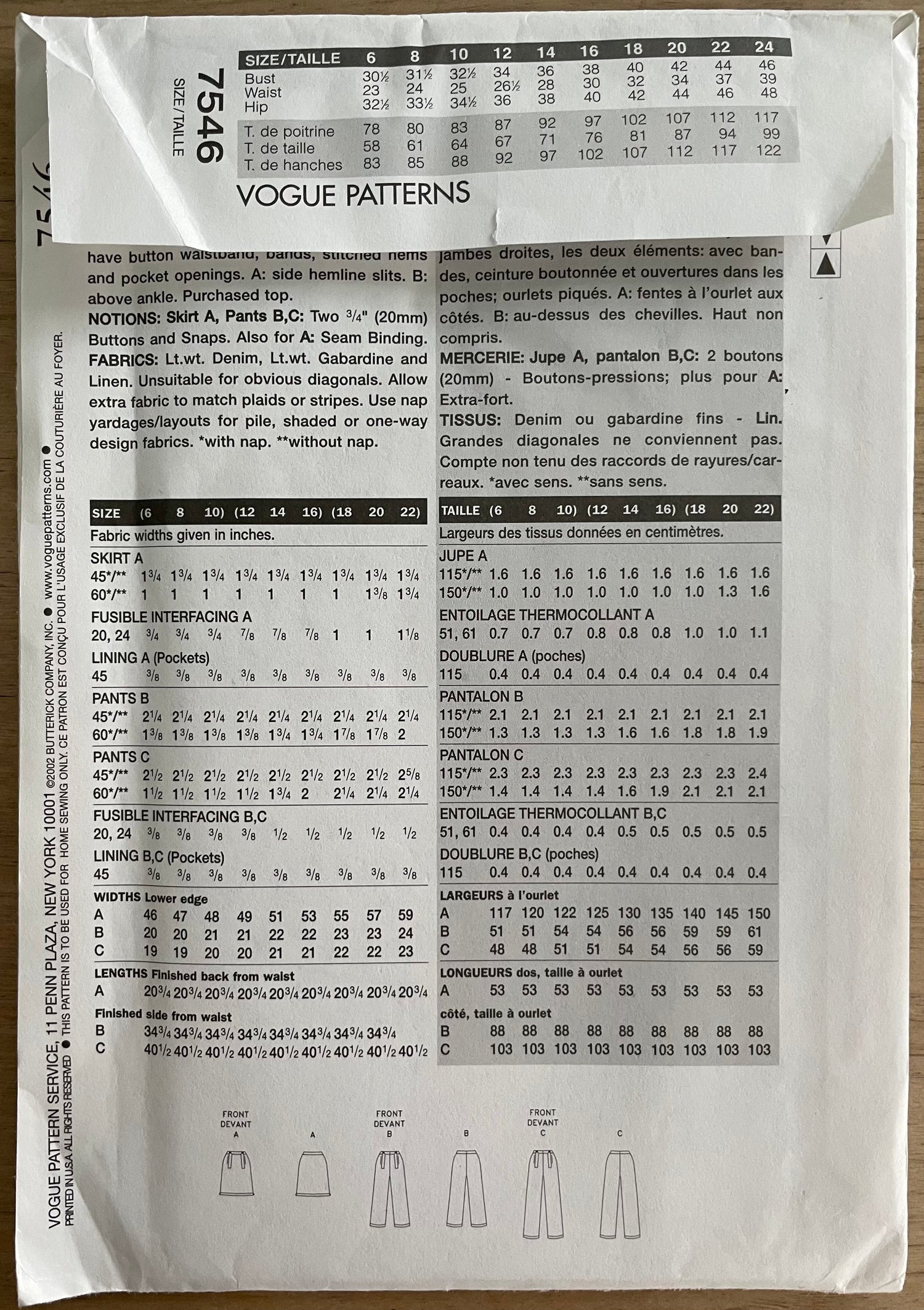 Vogue 7546 Womens Size 12-16 Trousers Skirt FF