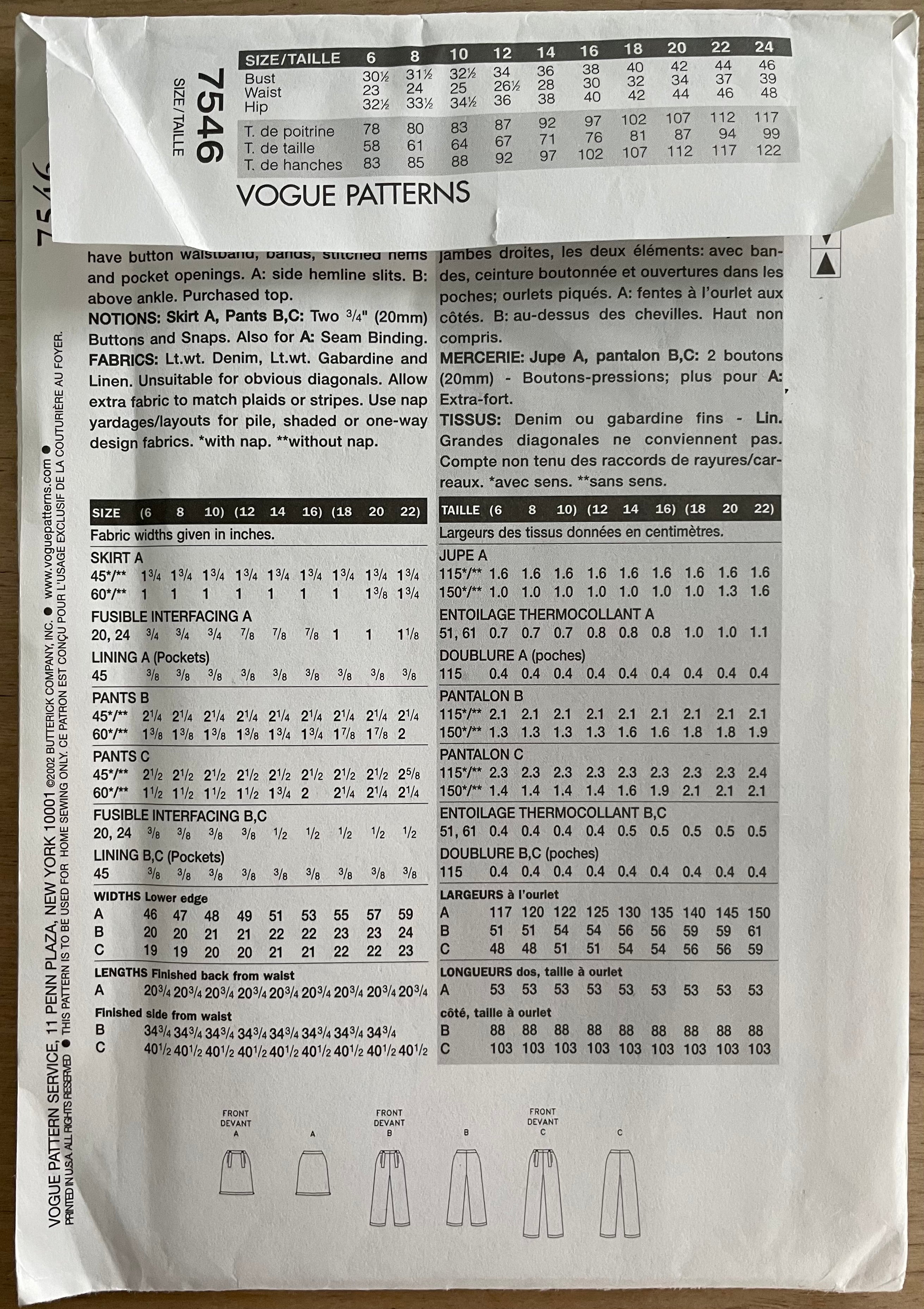 Vogue 7546 Womens Size 12-16 Trousers Skirt FF