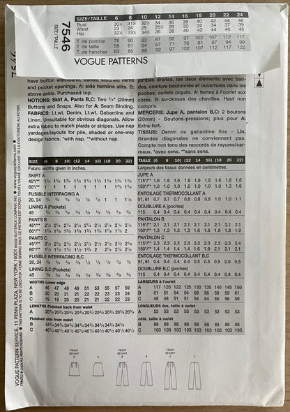 Vogue 7546 Womens Size 12-16 Trousers Skirt FF