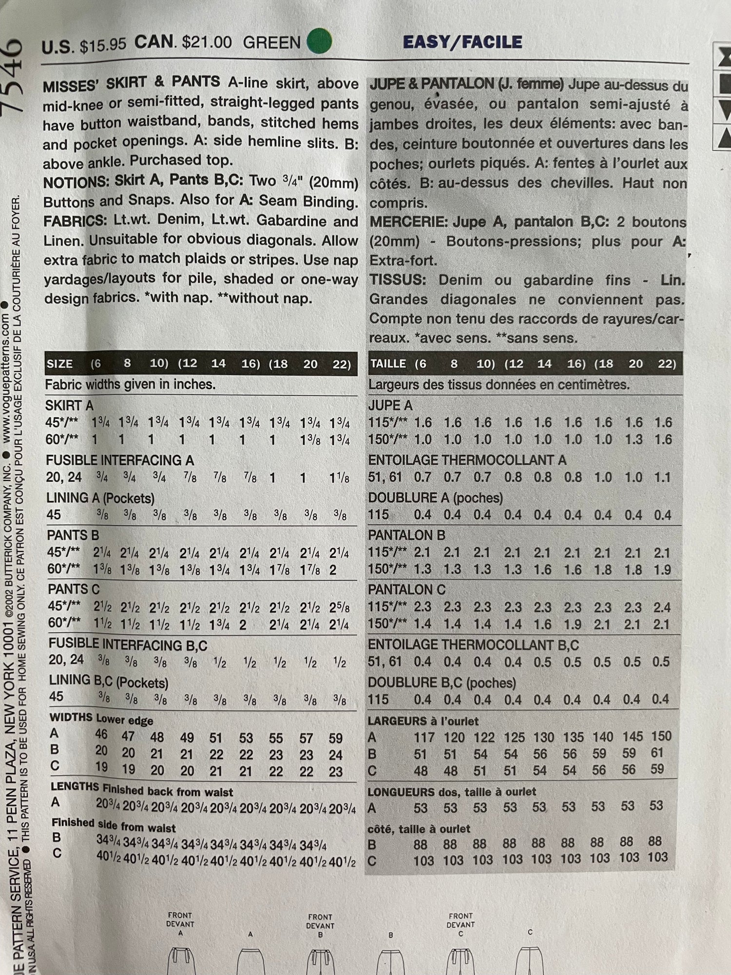 Vogue 7546 Womens Size 12-16 Trousers Skirt FF