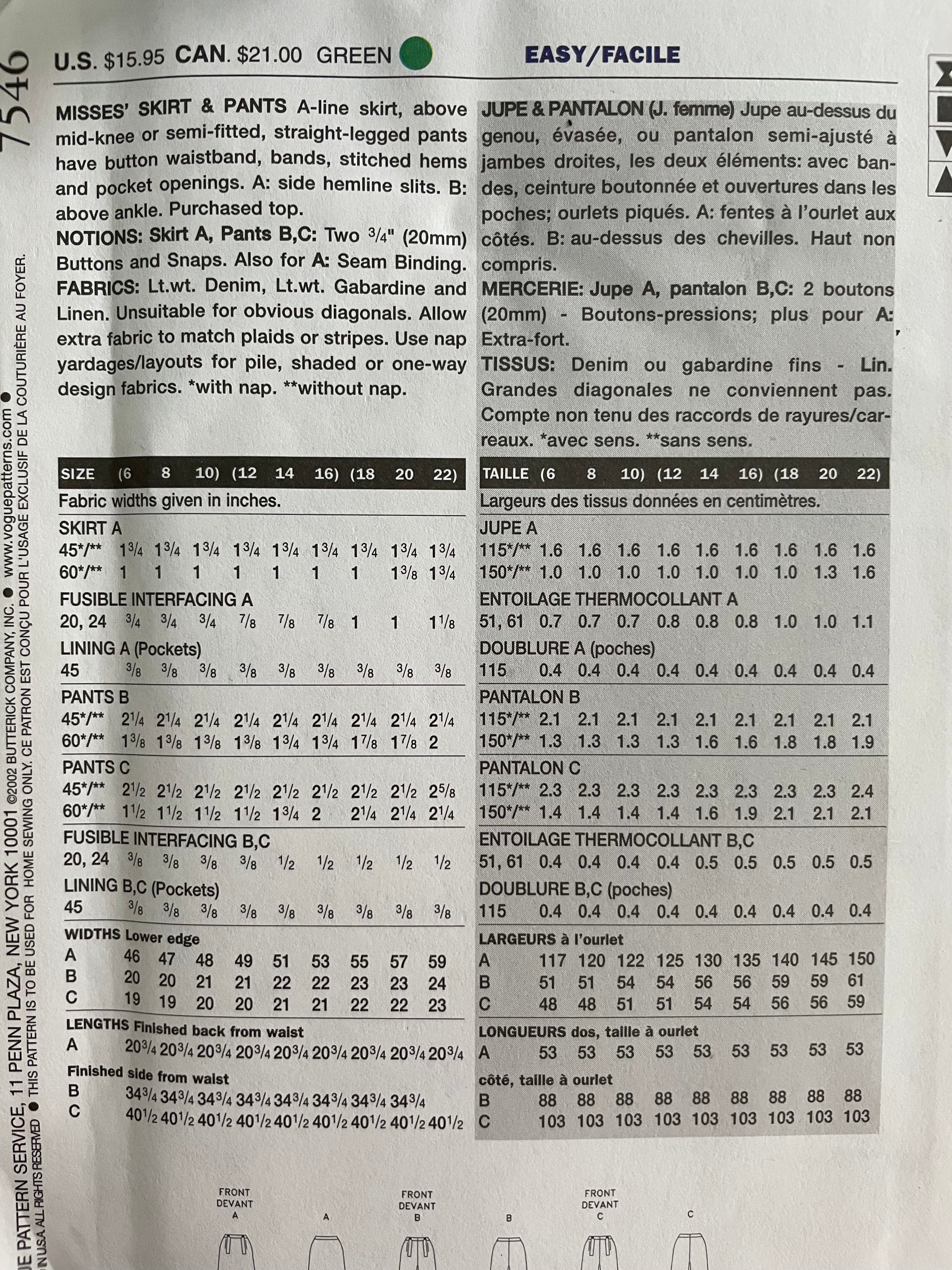 Vogue 7546 Womens Size 12-16 Trousers Skirt FF