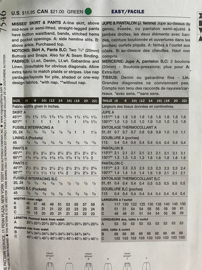 Vogue 7546 Womens Size 12-16 Trousers Skirt FF