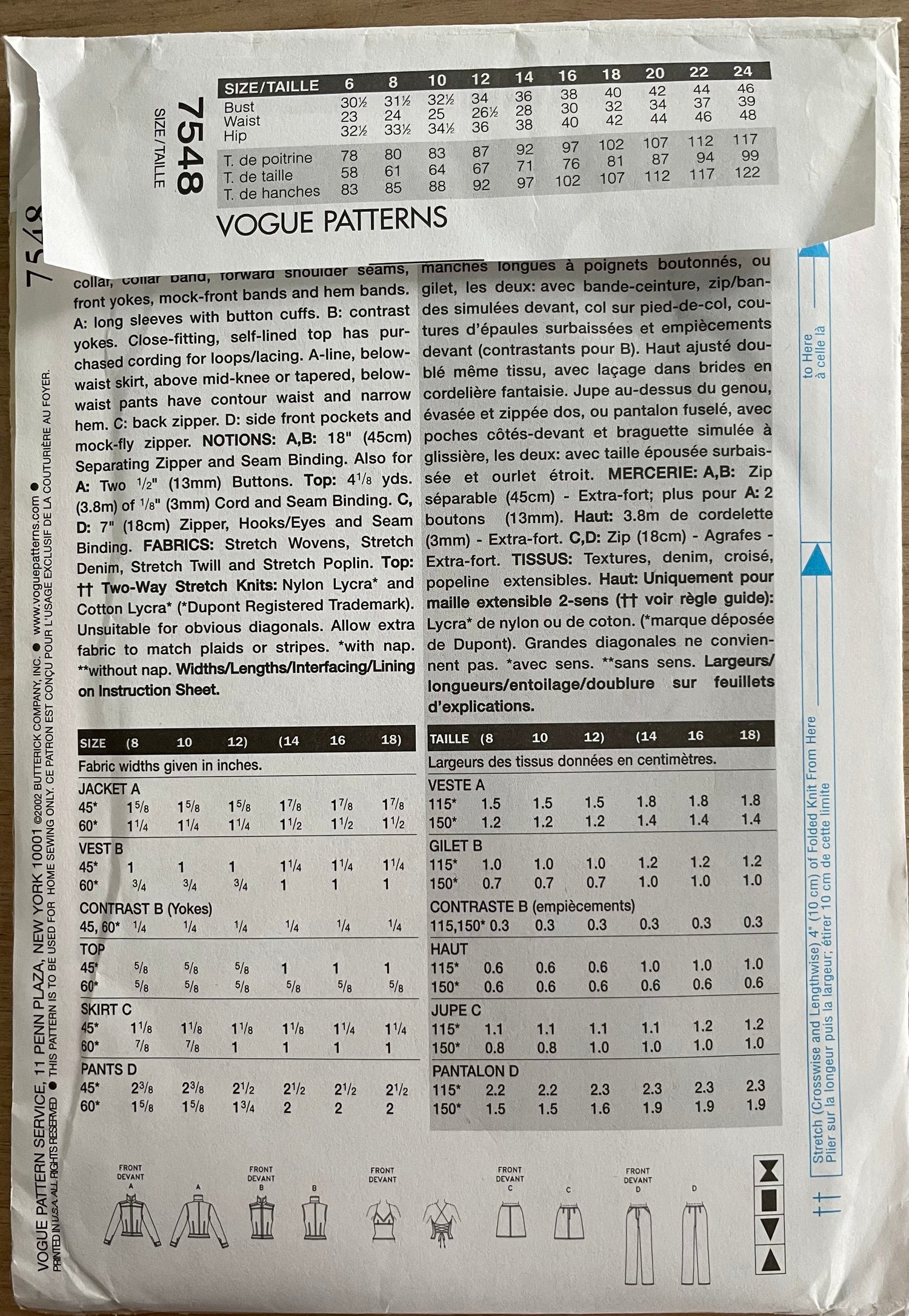 Vogue 7548 Womens Size 14-18 Jacket Waistcoat Top Trousers FF