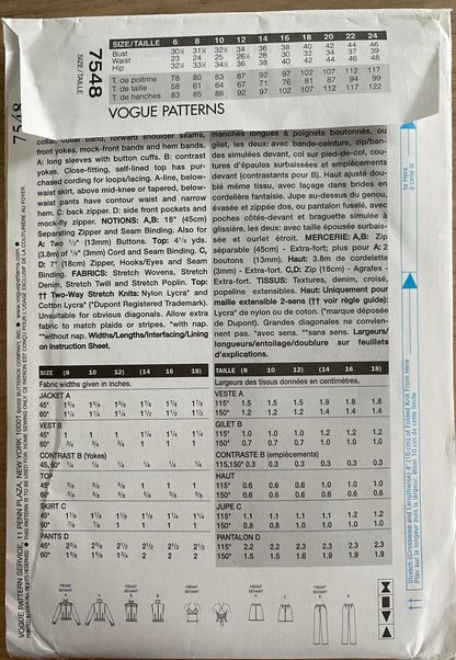 Vogue 7548 Womens Size 14-18 Jacket Waistcoat Top Trousers FF