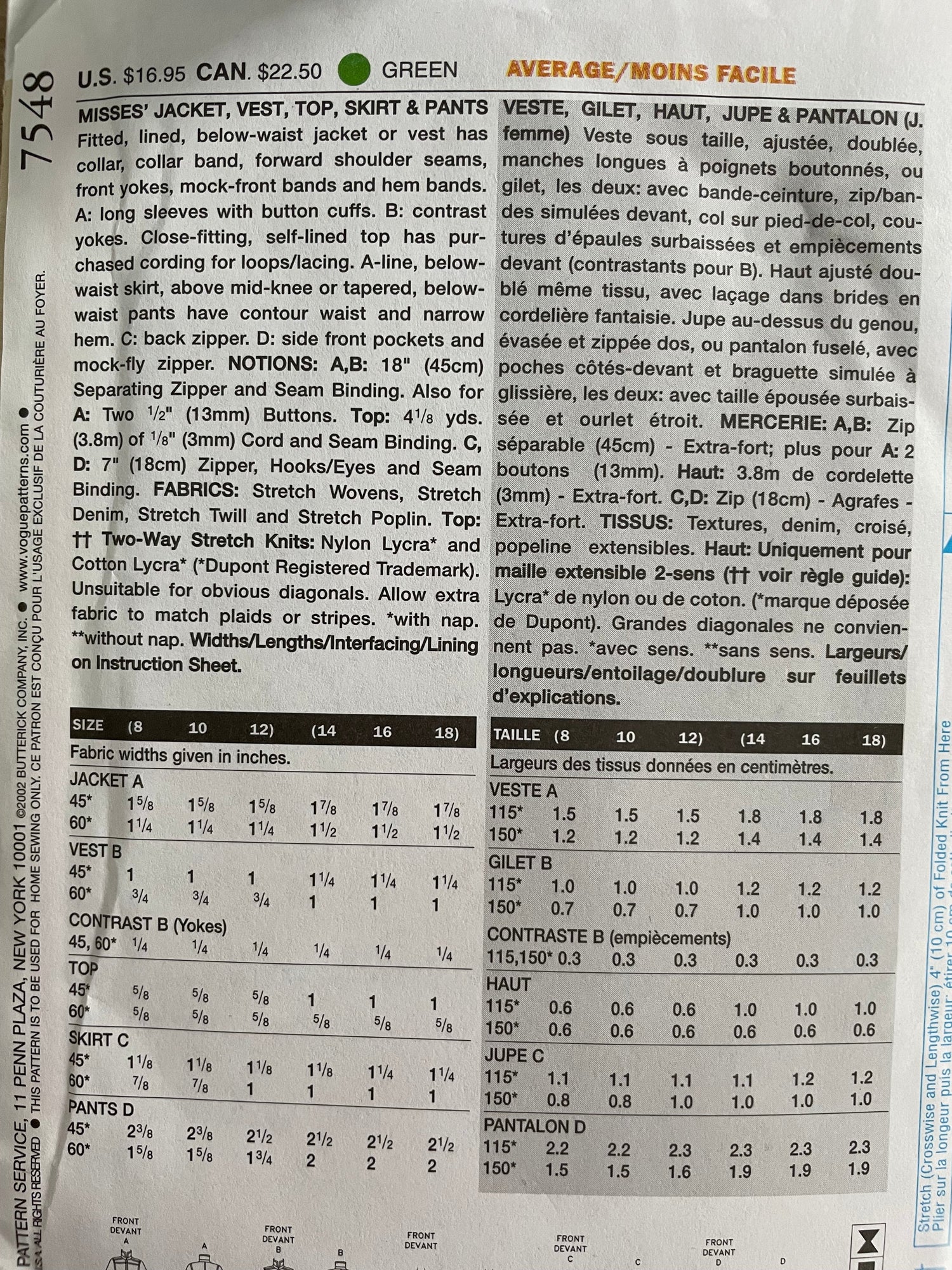 Vogue 7548 Womens Size 14-18 Jacket Waistcoat Top Trousers FF