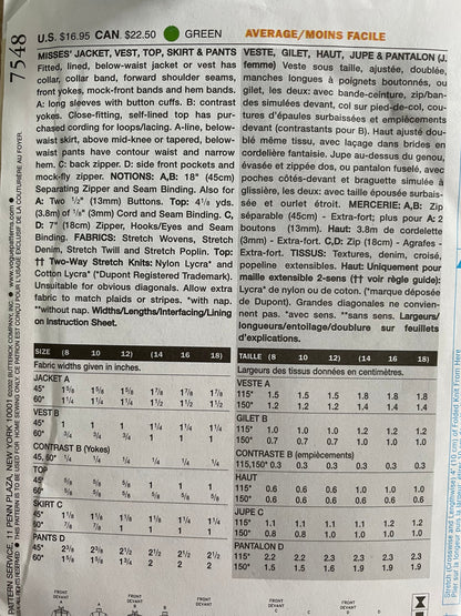 Vogue 7548 Womens Size 14-18 Jacket Waistcoat Top Trousers FF