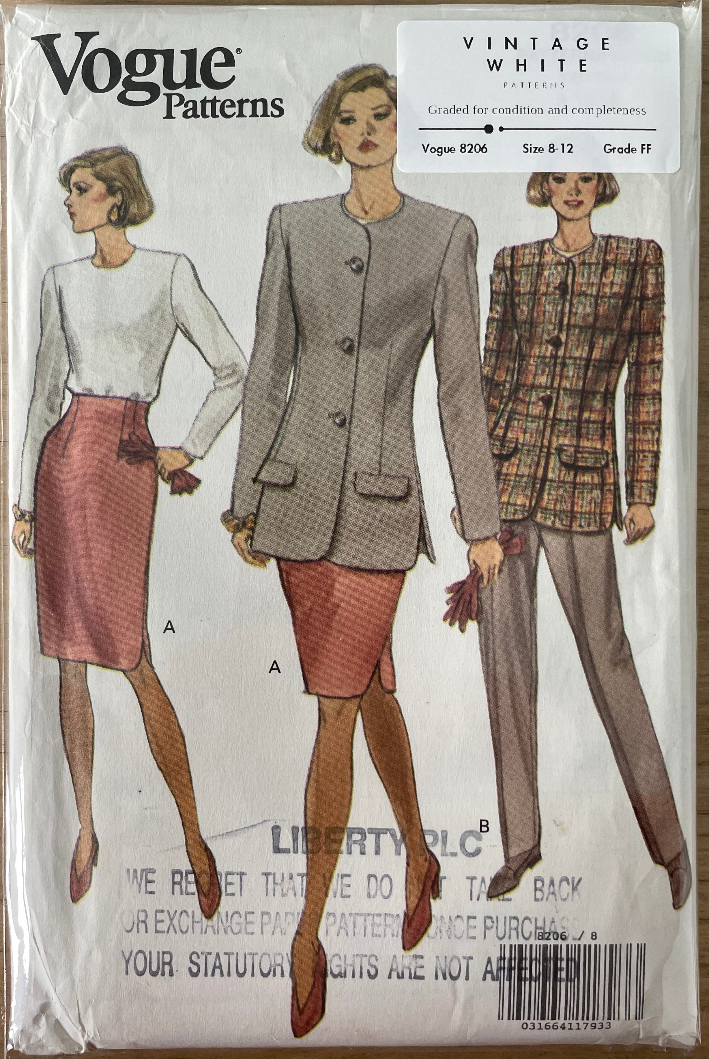 Vogue 8206 Womens Size 8-12 Top Jacket Skirt Trousers FF