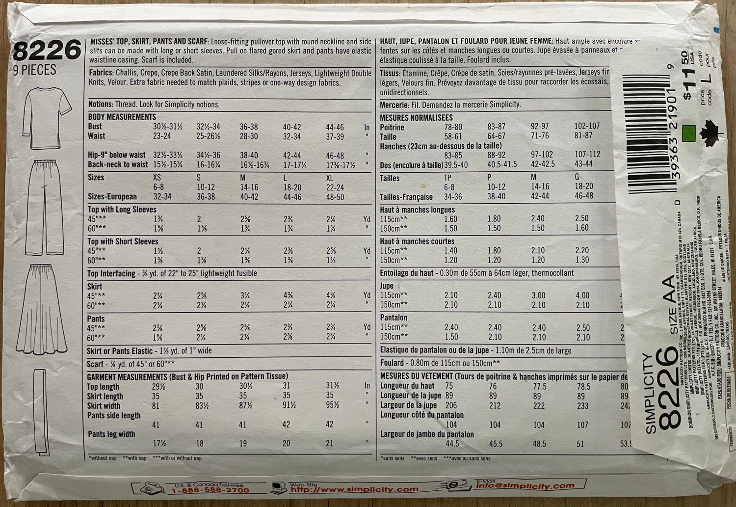 Simplicity 8226 Womens Size XS-M Top Skirt Trousers Scarf FF