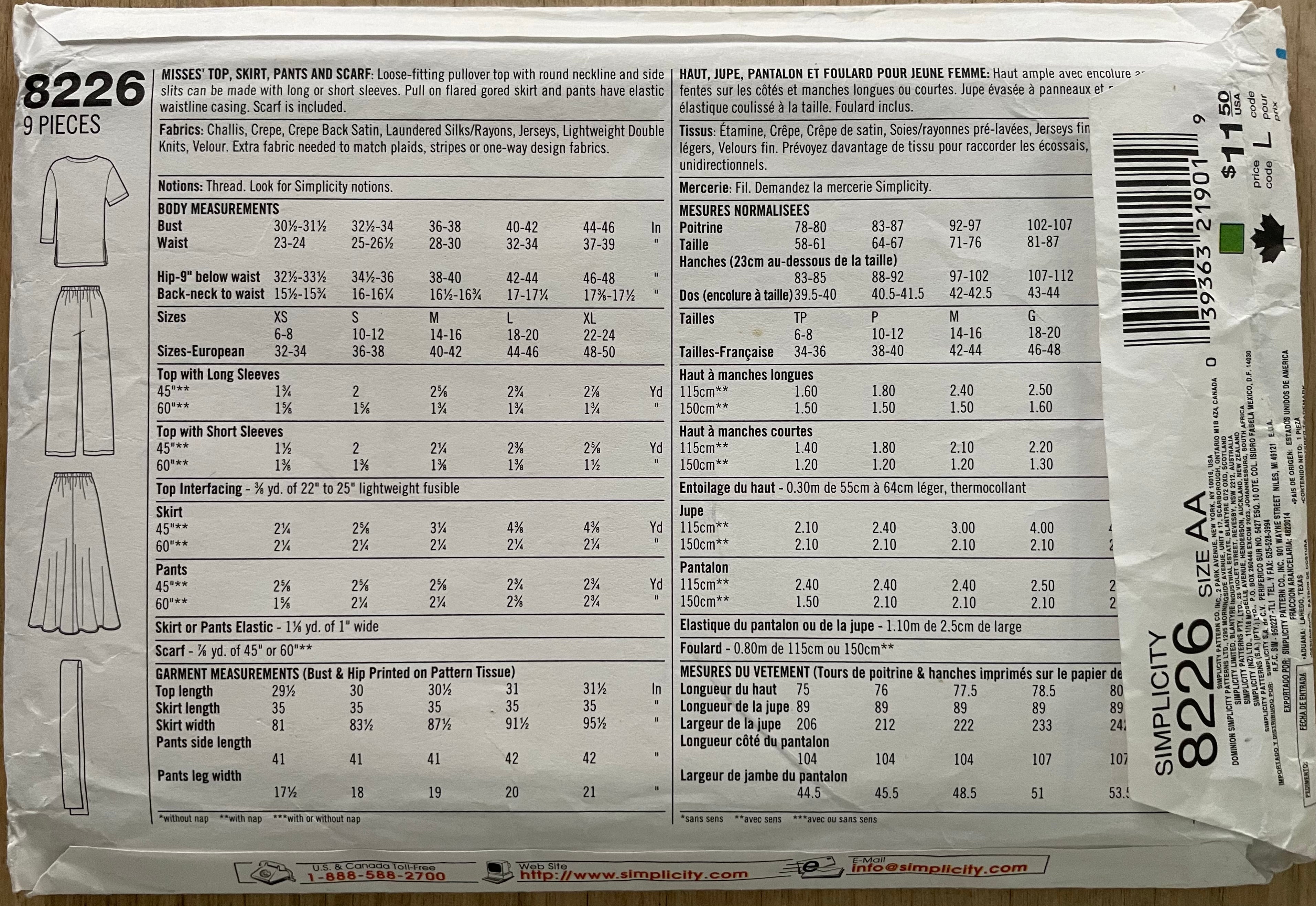 Simplicity 8226 Womens Size XS-M Top Skirt Trousers Scarf FF