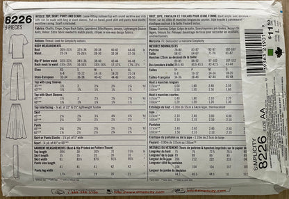 Simplicity 8226 Womens Size XS-M Top Skirt Trousers Scarf FF