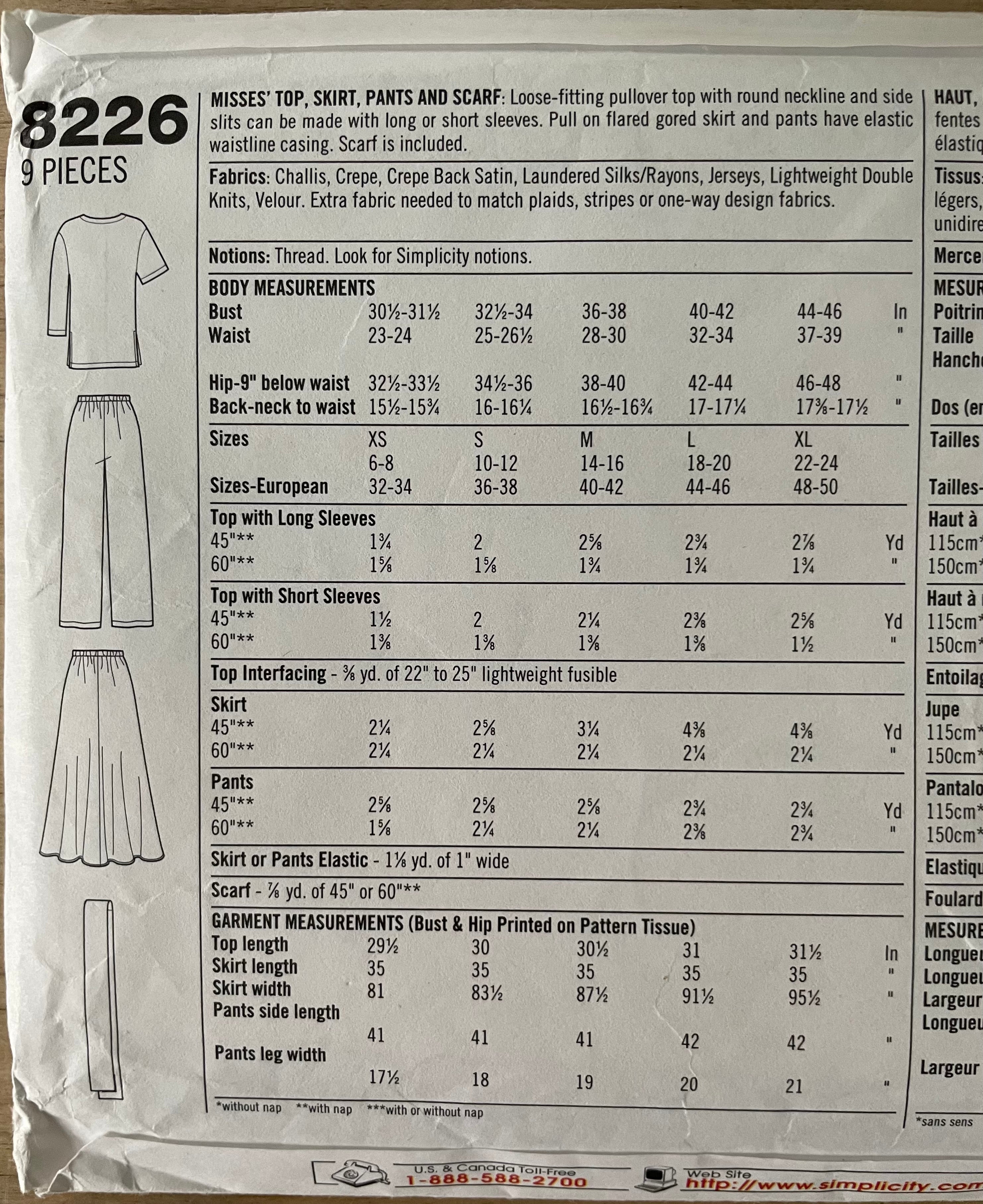 Simplicity 8226 Womens Size XS-M Top Skirt Trousers Scarf FF