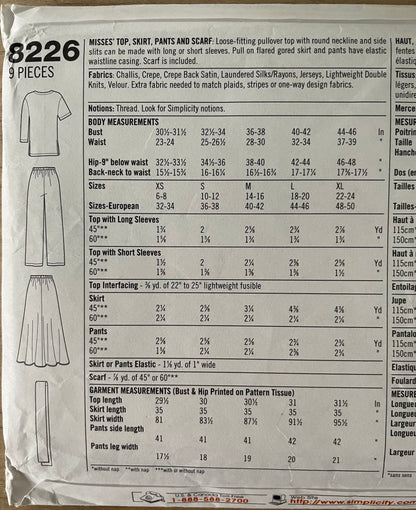 Simplicity 8226 Womens Size XS-M Top Skirt Trousers Scarf FF
