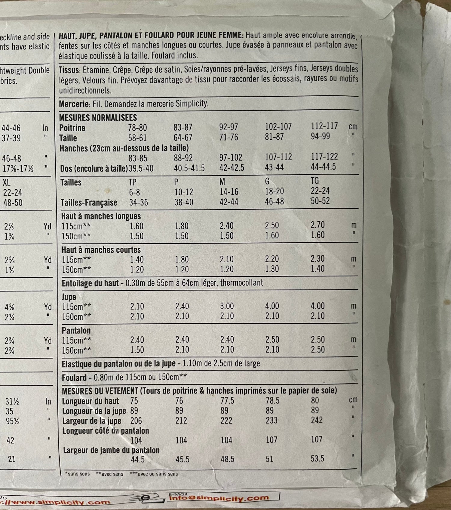 Simplicity 8226 Womens Size XS-M Top Skirt Trousers Scarf FF