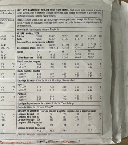 Simplicity 8226 Womens Size XS-M Top Skirt Trousers Scarf FF