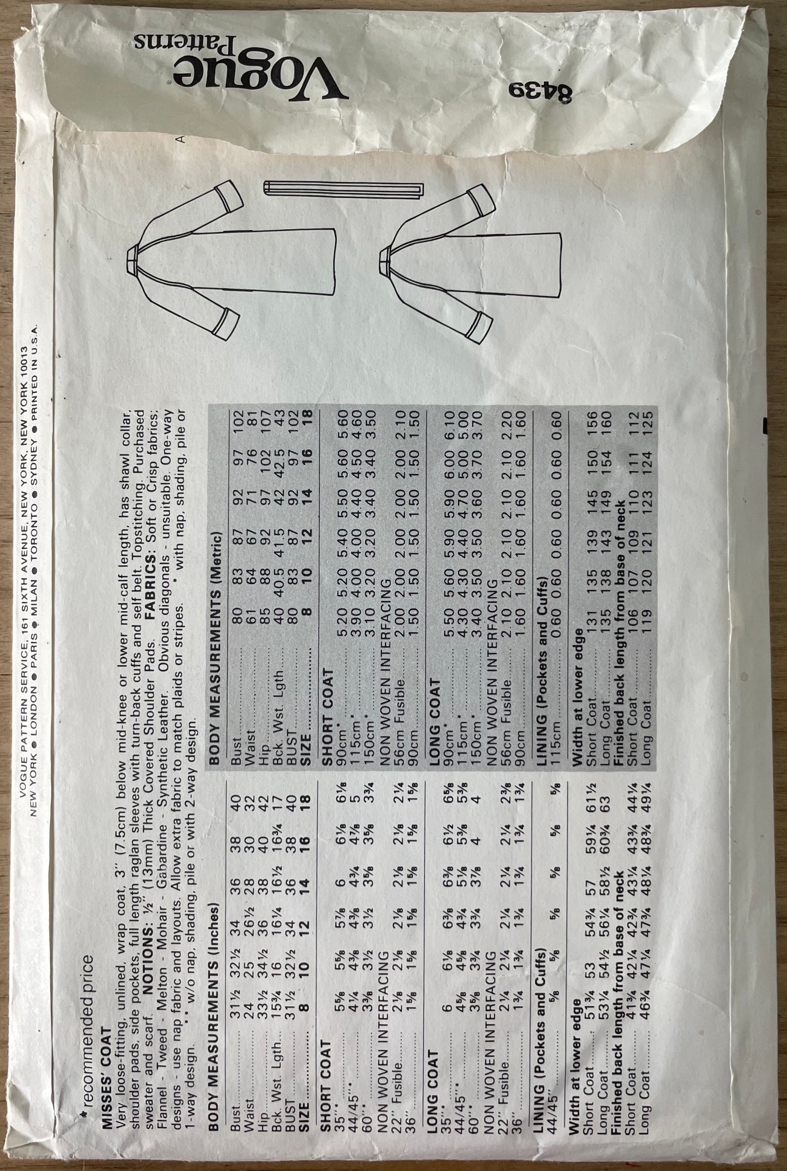 Vogue 8439 Womens Size 12 Coat FF