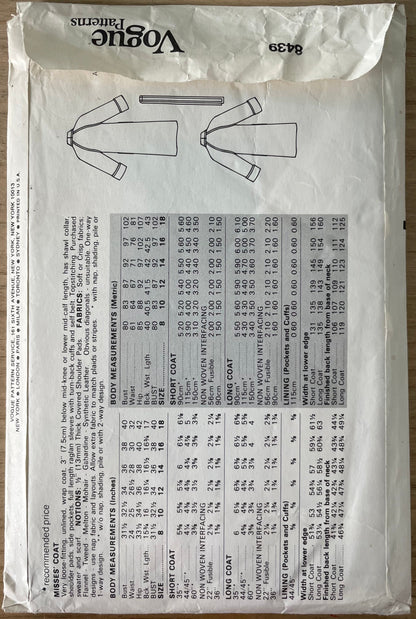 Vogue 8439 Womens Size 12 Coat FF