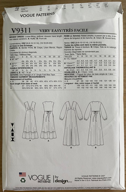 Vogue V9311 Womens Size 6-22 Dress FF