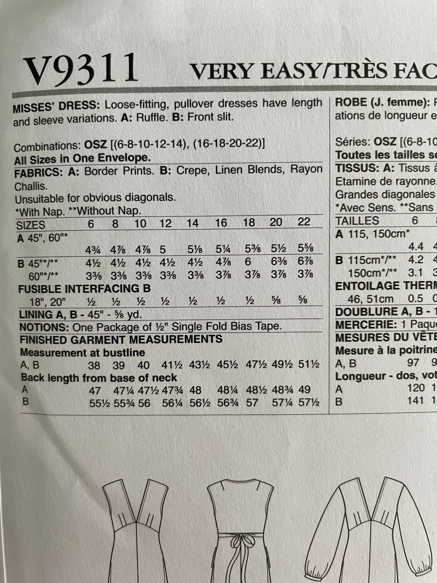 Vogue V9311 Womens Size 6-22 Dress FF