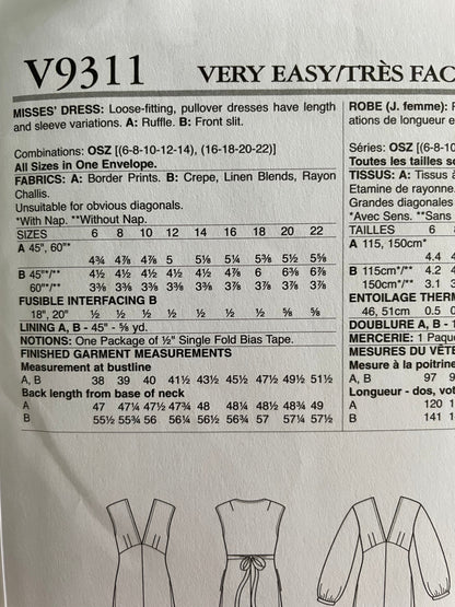 Vogue V9311 Womens Size 6-22 Dress FF