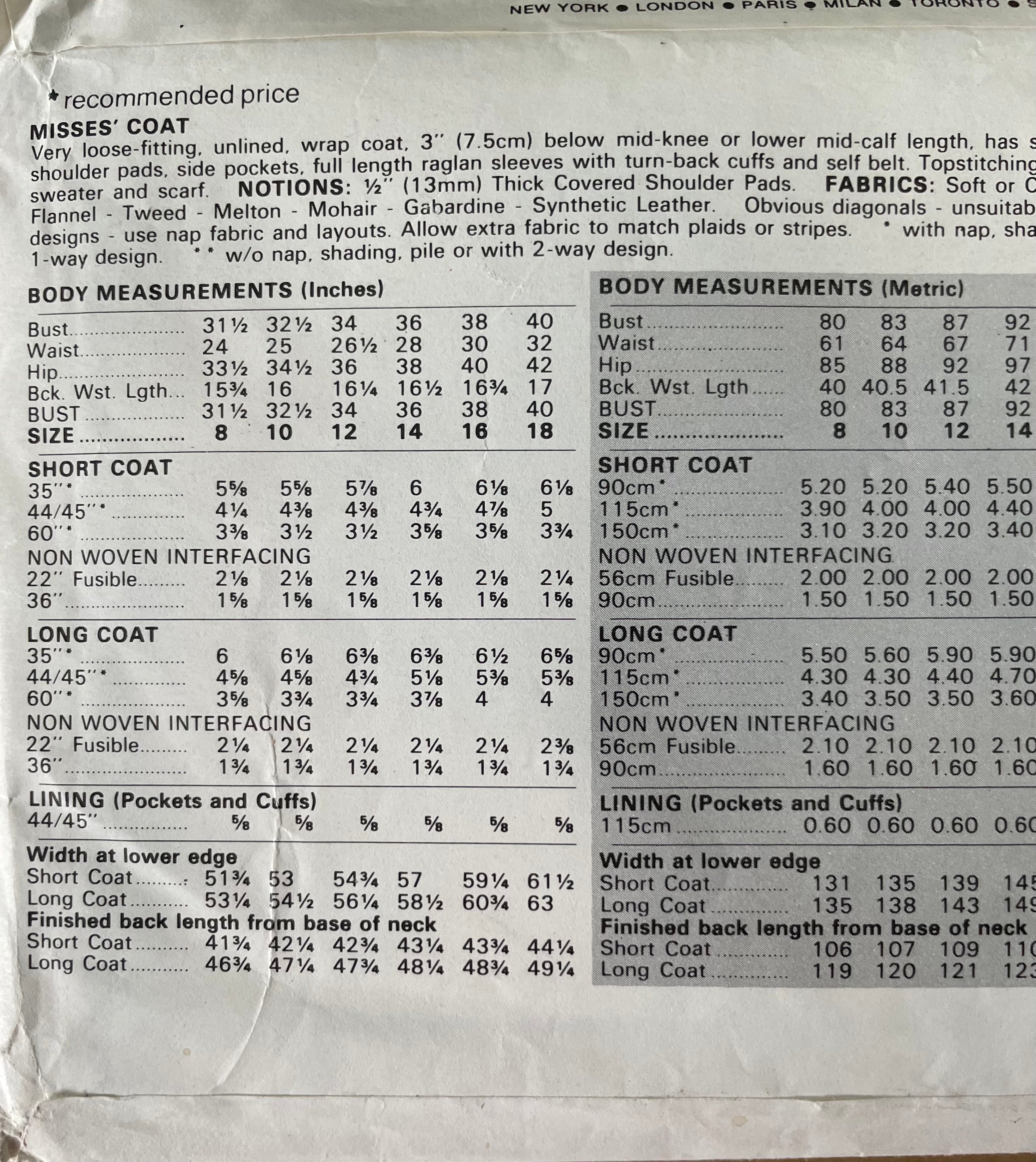 Vogue 8439 Womens Size 12 Coat FF