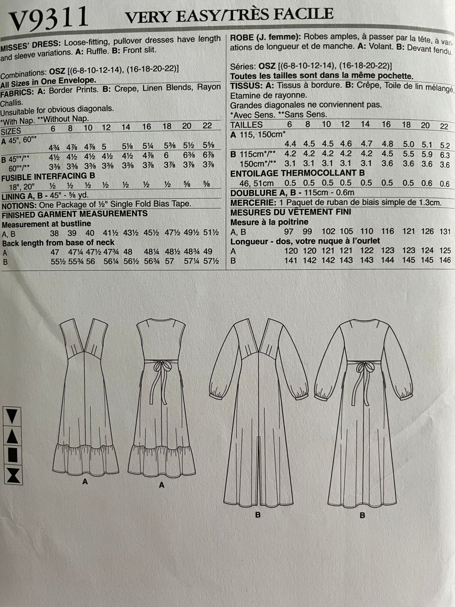 Vogue V9311 Womens Size 6-22 Dress FF