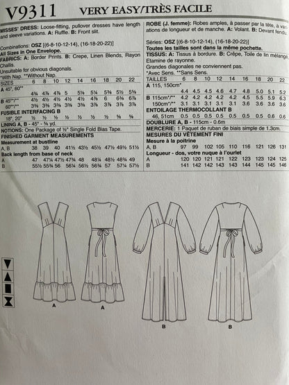 Vogue V9311 Womens Size 6-22 Dress FF