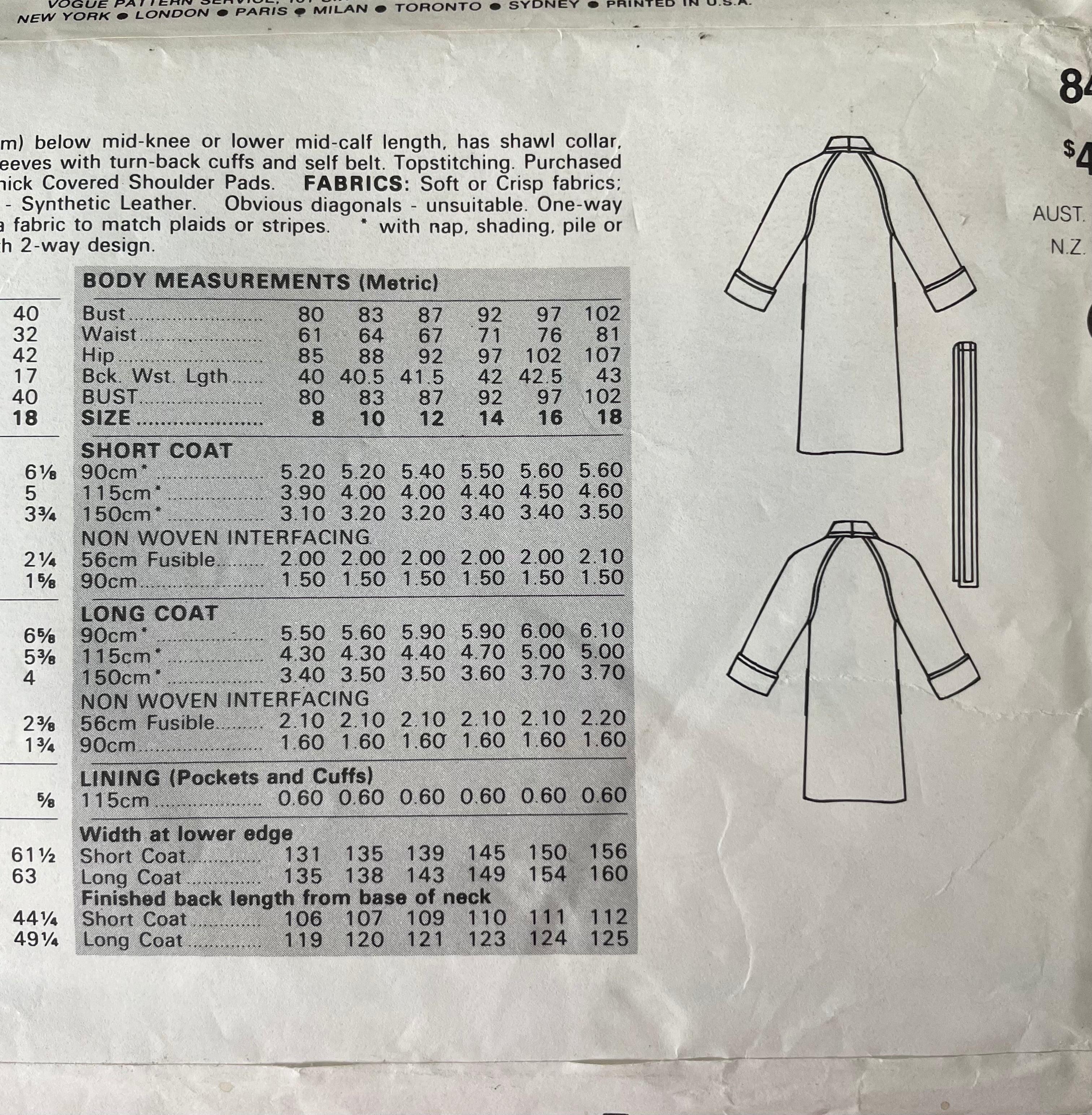 Vogue 8439 Womens Size 12 Coat FF