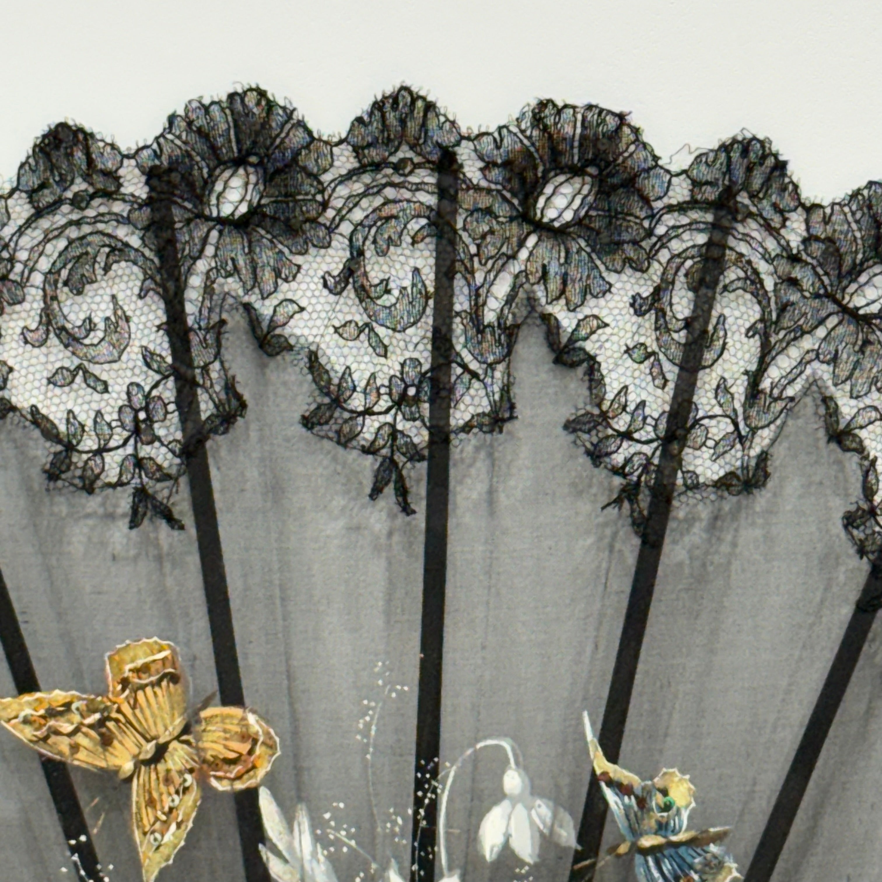 Antique Hand Painted Lace Fan with Butterflies Edwardian Black Mourning Style