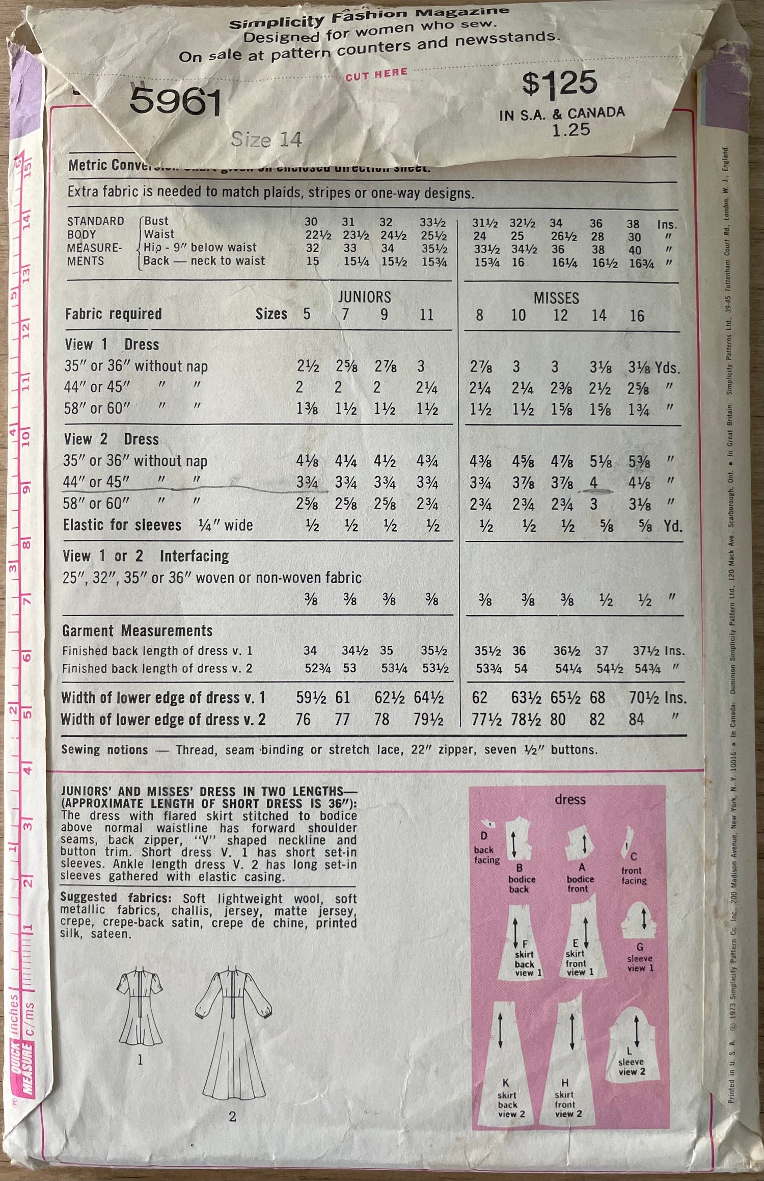 Simplicity 5961 Womens Size 14 Dress