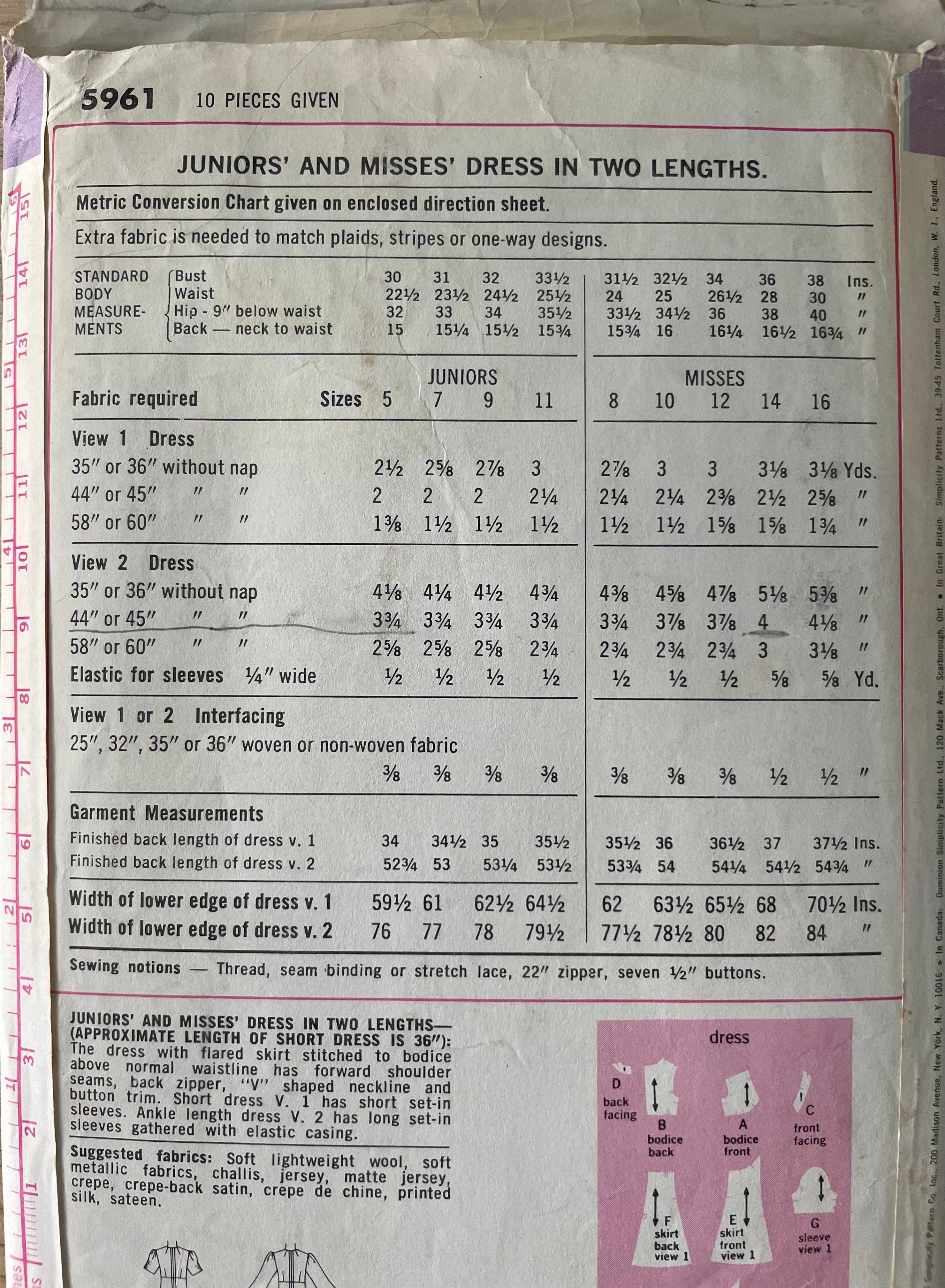 Simplicity 5961 Womens Size 14 Dress