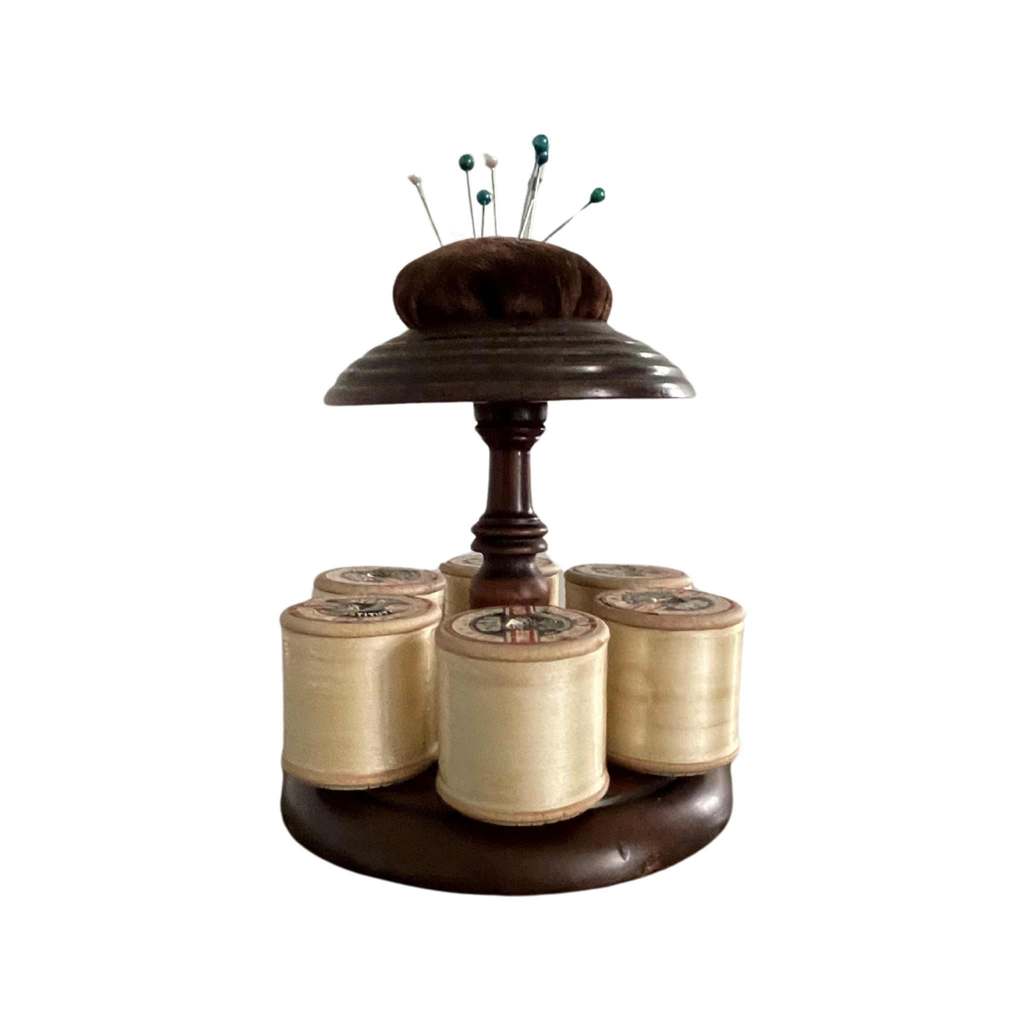 Antique Wooden Thread Reel Stand with Velvet Pin Cushion