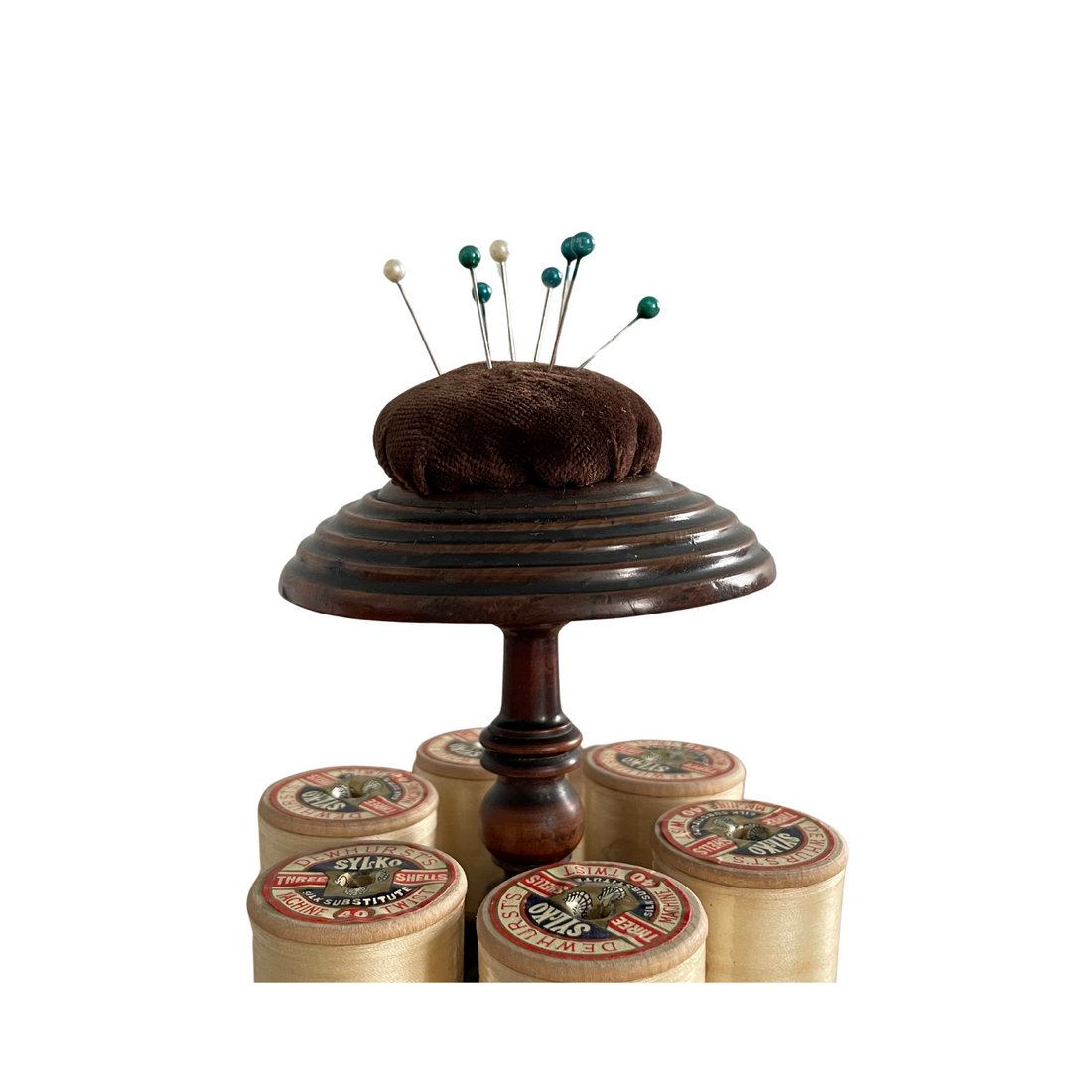 Antique Wooden Thread Reel Stand with Velvet Pin Cushion