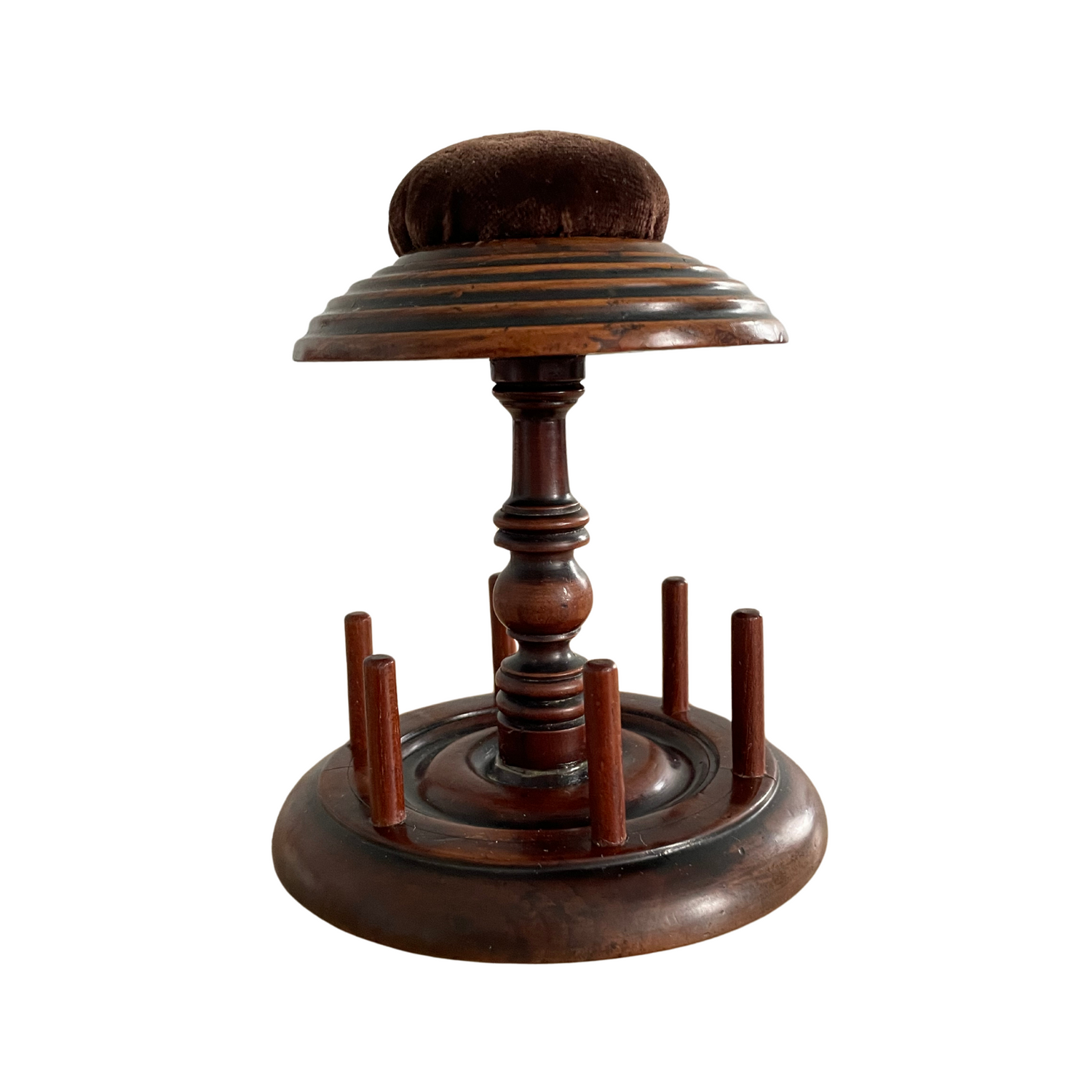 Antique Wooden Thread Reel Stand with Velvet Pin Cushion