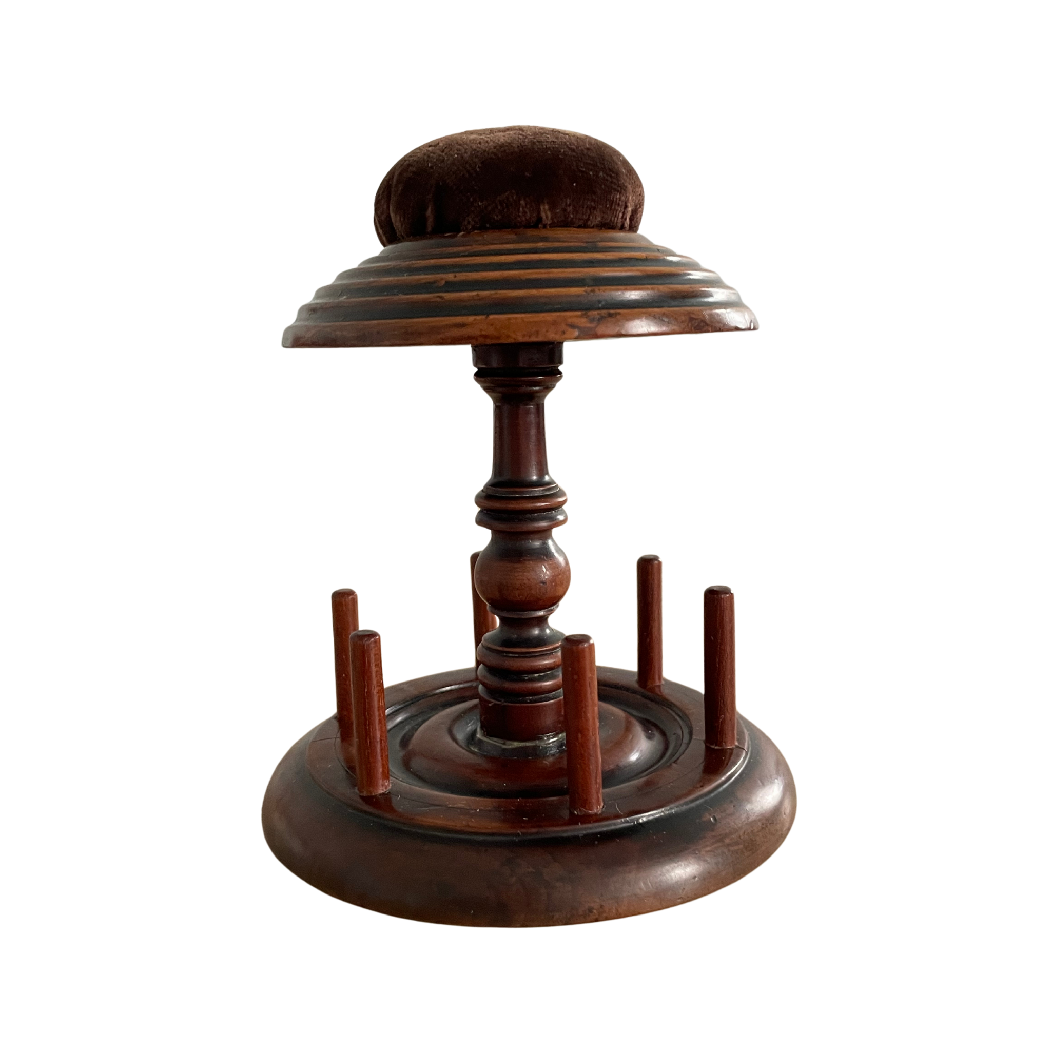 Antique Wooden Thread Reel Stand with Velvet Pin Cushion