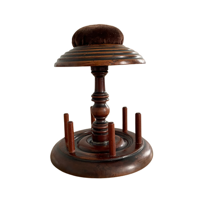 Antique Wooden Thread Reel Stand with Velvet Pin Cushion