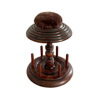 Antique Wooden Thread Reel Stand with Velvet Pin Cushion