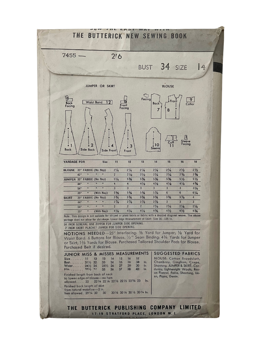 Butterick 7455 Womens Size 14 Dress Blouse Skirt FF