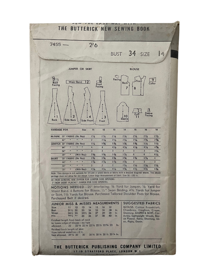 Butterick 7455 Womens Size 14 Dress Blouse Skirt FF