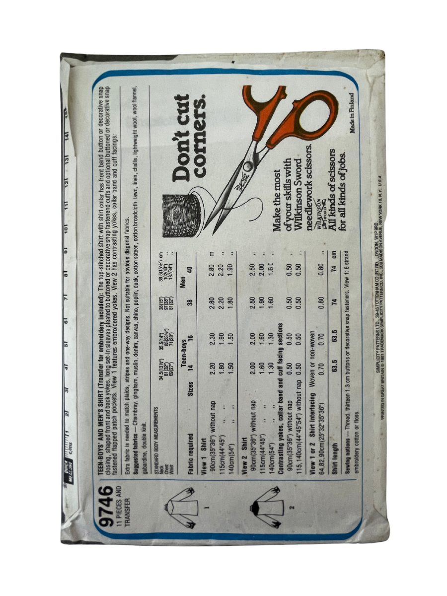 Simplicity 9746 Mens Size 38-40&quot; Shirt FF