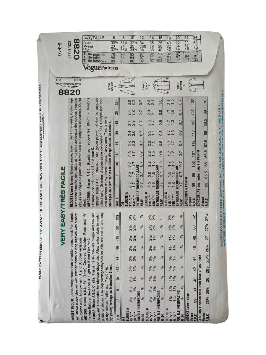 Vogue 8820 Womens Size 6-10 Top Shirt Blouse